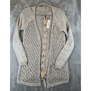 Alya Cardigan Boho Open Front‎ Loose Knit Ivory Beige Sweater Womens Size M NWT